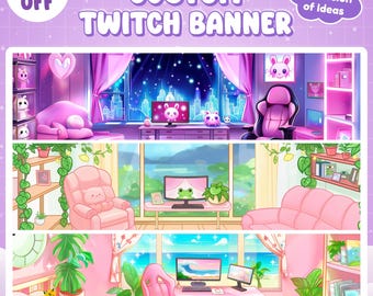 May include: A custom Twitch banner design with three different room scenes. The top scene has a city skyline view, the middle scene has a green frog on the computer screen, and the bottom scene has a beach view. The banner is pink and purple with the text "CUSTOM TWITCH BANNER".