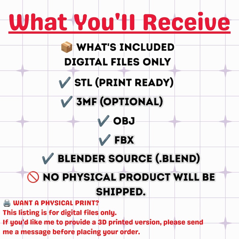 May include: A digital file listing graphic with the text What You'll Receive, listing file formats including STL, 3MF, OBJ, FBX, and Blender source files. It specifies digital files only, no physical product will be shipped, and offers 3D printing.
