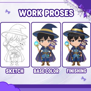 May include: A digital illustration titled WORK PROSES showing three stages of a character design: SKETCH, BASE COLOR, and FINISHING. The character is a wizard with black hair, a blue hat, a blue cape, and a staff with a glowing blue orb.