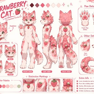 May include: A character reference sheet titled Strawberry Cat featuring a pink and white anthropomorphic feline with strawberry patterns, various facial expressions, paw details, and a color palette displayed in a structured layout.