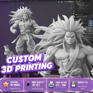 May include: A 3D digital model of a muscular warrior figure with spiky hair, shown in two views. The text reads CUSTOM 3D PRINTING, CUSTOM 3D MODEL MADE FOR YOU, HIGH QUALITY 3D FILE DETAILED MODEL, PRINT-READY STL / 3MF, and DIGITAL FILE NO PHYSICAL ITEM.