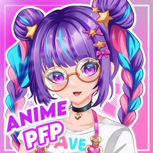 May include: A digital illustration of a character with purple hair styled in two buns and braids with blue and pink highlights. The character wears round gold-rimmed glasses, a black choker with a heart charm, and a white shirt. Text reads ANIME PFP.