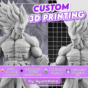May include: A gray 3D printed figurine of a muscular character with spiky hair, featuring the text CUSTOM 3D PRINTING, CUSTOM 3D MODEL MADE FOR YOU, HIGH QUALITY 3D FILE DETAILED MODEL, PRINT-READY STL/3MF, DIGITAL FILE NO PHYSICAL ITEM, By: AyuneHana.