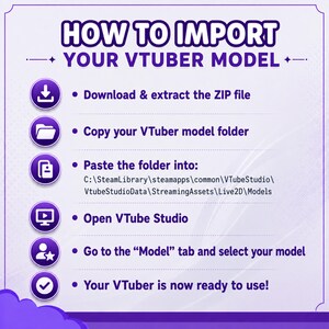 May include: A purple instructional graphic titled HOW TO IMPORT YOUR VTUBER MODEL. It lists six steps: download and extract the ZIP file, copy the model folder, paste it into the specified file path, open VTube Studio, select the model, and use it.