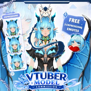 May include: A digital illustration of a blue-haired character with dragon-like features, including horns and wings. The character wears a black and blue outfit. Text includes EXPRESSIONS, FREE 3 EXPRESSIONS EMOTES, and VTUBER MODEL COMMISSION.