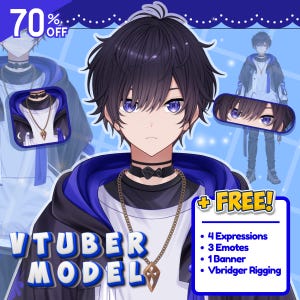 May include: An advertisement for a VTuber model, featuring a digital illustration of an anime-style character with black hair and blue eyes. The character wears a black choker and a gold pendant. Text includes "70% OFF" and a list of free features.