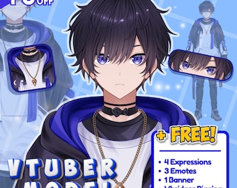 May include: A digital art advertisement for a VTuber model. The image features a stylized anime character with black hair and blue eyes, wearing a black choker and a gold pendant. Text includes "70% OFF" and "+ FREE!" with a list of included features.
