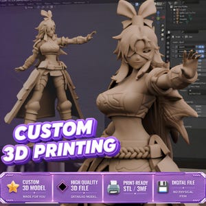 May include: A tan-colored 3D model of a character with a bow in their hair, wearing a top and skirt, with one arm extended forward. The image features the text CUSTOM 3D PRINTING and icons for a model, file, printer, and disk with digital file text.
