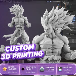 May include: A grey 3D model of a muscular anime character with spiky hair, shown in two views. The text CUSTOM 3D PRINTING is displayed in large purple letters. A bottom banner includes icons for a model, file, printer, and disk with descriptive text.