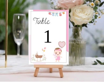 Números de mesa para baby shower de niña – Tarjetas rosas imprimibles – Descarga digital elegante