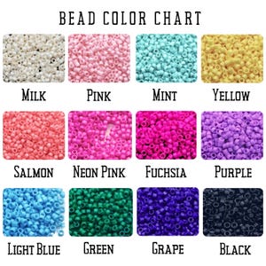 May include: A color chart showing 12 different colors of beads. The colors are: Milk, Pink, Mint, Yellow, Salmon, Neon Pink, Fuchsia, Purple, Light Blue, Green, Grape, and Black.