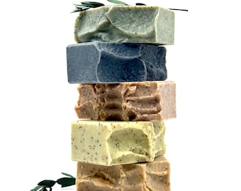 5 oz heavy Duty Exfoliating Soap Bars, 5 Pack Scrub Set, Poppy Seed Artisan Soap for Hands and body, Handmade Natural Collection