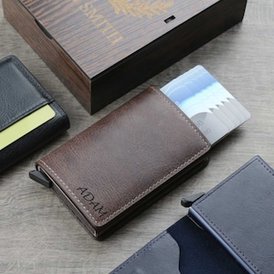 Leder Portemonnaie mit Pop Up Kartenhalter, Minimalistische Geldbörse mit RFID Blocker, Herren Geldbörse