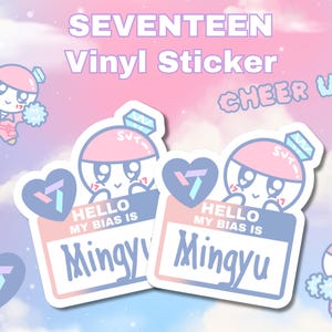 SEVENTEEN Vinyl Sticker | &quot;My bias is&quot; KPOP Waterproof decal for Laptop, Lightstick, and Water Bottle Stickers Hoshi, Woozi, Mingyu, S.Coups
