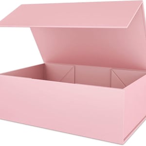Può includere: Una scatola regalo rettangolare rosa chiaro con chiusura magnetica. Il coperchio è parzialmente aperto, rivelando l'interno. La scatola è realizzata in un materiale liscio e opaco. L'interno è diviso in due scomparti.