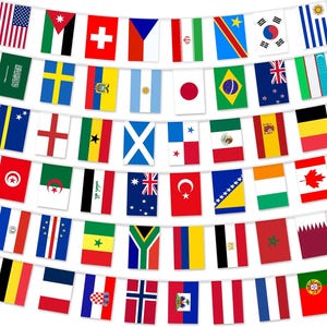 May include: A string of colorful flag banners, each representing a different country. The flags are rectangular and strung together on a white string, creating a festive and decorative display. The flags include the USA, UK, and many others.