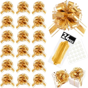 May include: A selection of gold pull bows, ideal for gift wrapping. The image shows multiple assembled bows, along with ribbon and adhesive dots. A label indicates "24 PCS". The bows are a shiny gold colour.