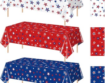 3 Pack 4th of July Memorial Day Tablecloth Decorations, Plastic American Red White Blue Stars Patriotic Table Cloth Disposable Rectangle