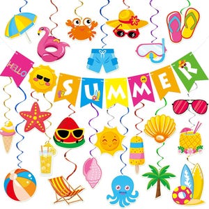 May include: A collection of colorful summer-themed hanging decorations. Includes a banner that spells "SUMMER", along with images of a sun, watermelon, ice cream, beach ball, sunglasses, and other beach-related items.