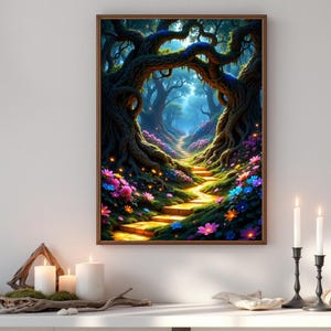 Magical Forest Pathway Wall Art – Glowing Flora & Heartwood Tree Digital Print | Fantasy Nature Decor | The Blooming Veins