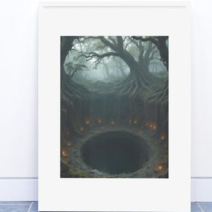 The Hollowheart Sink Fantasy Forest Art Print Digital Download / Mystical Enchanted Landscape with Glowing Fungi & Spirits