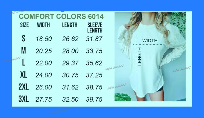 May include: A size chart for a long-sleeved shirt with measurements in inches for width, length, and sleeve length. The sizes are S, M, L, XL, 2XL, and 3XL.