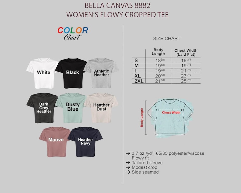 Puede incluir: Una carta de colores muestra varios colores de camisetas Bella Canvas 8882 Women's Flowy Cropped Tee, incluyendo blanco, negro y gris jaspeado. Una tabla de tallas muestra las medidas de largo de cuerpo y ancho de pecho en cm. La camiseta tiene un corte holgado, mangas entalladas y un corte modesto.