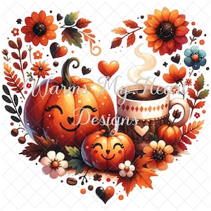 May include: A heart-shaped arrangement of fall foliage, pumpkins, and a steaming cup of coffee. The pumpkins have smiling faces and the coffee cup is wrapped in a cozy brown sweater. The text "Warms My Heart Designs" is visible in the center of the image.