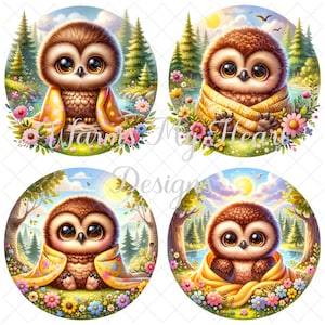 Babyuil downloadbare afdrukbare afbeeldingen hoge kwaliteit png-bestand voor afdrukken sublimatie slabbetjes dekens kussens bosdieren kinderkamer geel