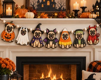 Halloween Pug Wooden Garland, Spooky Dog Costume Banner, Pug Mantel Decor, Cute Halloween Wall Hanging, Dog Lover Gift