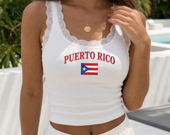 Puerto Rico Embroidered Crop Tank Top,Y2K Latina Summer Shirt, Ribbed Baby Tee,  Flag Graphic Top, Vacation Outfit Women, Gift For Her
