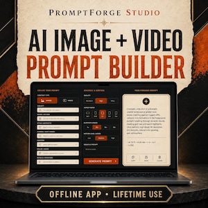 May include: A laptop screen displays the PromptForge Studio AI image and video prompt builder interface. The software features input fields for content type, subject, and style, alongside quality and aspect ratio controls, with a generated prompt text box.