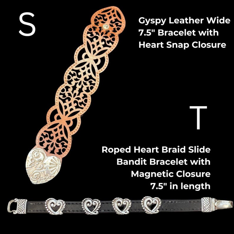 May include: Two bracelets are displayed against a black background. The first is a wide, openwork copper-colored leather bracelet with a heart snap closure. The second is a black leather bracelet with heart-shaped silver accents and a magnetic closure. Both bracelets are 7.5 inches in length.