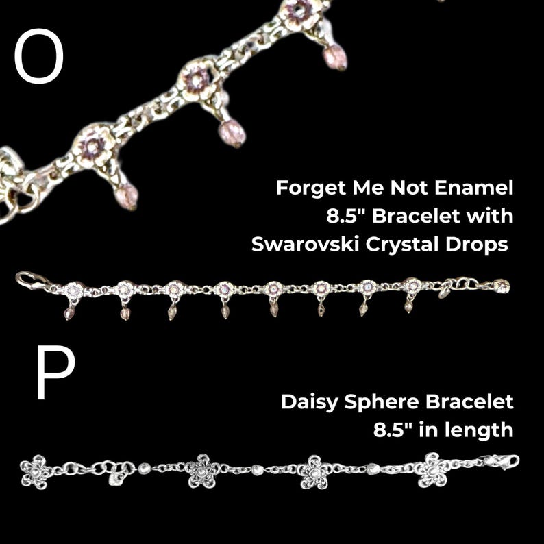 May include: Two silver bracelets are displayed against a black background. The top bracelet is labeled "Forget Me Not Enamel" and is 8.5 inches long with Swarovski crystal drops. The bottom bracelet is a "Daisy Sphere Bracelet" also 8.5 inches long.