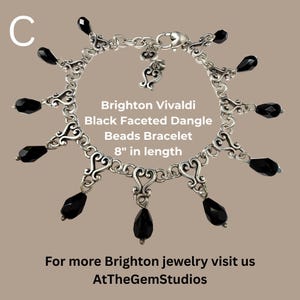 May include: A silver-toned Brighton Vivaldi bracelet with black faceted dangle beads. The bracelet is 8 inches in length and features decorative filigree links. The text on the image says "Brighton Vivaldi Black Faceted Dangle Beads Bracelet 8" in length."