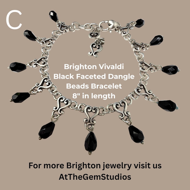 May include: A silver-toned Brighton Vivaldi bracelet with black faceted dangle beads. The bracelet is 8 inches in length and features decorative filigree links. The text on the image says "Brighton Vivaldi Black Faceted Dangle Beads Bracelet 8" in length."