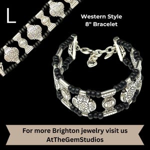 May include: A Western-style bracelet with an 8-inch (20 cm) length. The bracelet features silver-toned decorative elements and black beads. The design includes ornate, patterned metal pieces. The text "Western Style 8" Bracelet" is visible.