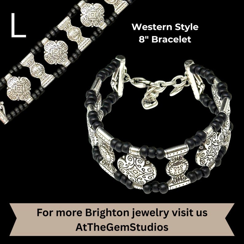 May include: A Western-style bracelet with an 8-inch (20 cm) length. The bracelet features silver-toned decorative elements and black beads. The design includes ornate, patterned metal pieces. The text "Western Style 8" Bracelet" is visible.
