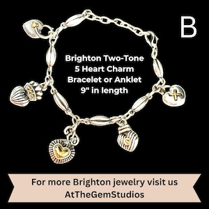 May include: A silver Brighton Two-Tone charm bracelet or anklet with five heart charms. The bracelet is 9 inches (22.86 cm) in length. The charms have gold accents. The text on the image says "Brighton Two-Tone 5 Heart Charm Bracelet or Anklet 9" in length".