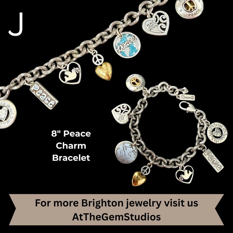 May include: Silver-toned charm bracelets with various charms, including hearts, doves, and peace symbols. One bracelet is labeled "8" Peace Charm Bracelet". Some charms have the word "peace" on them. The bracelets are displayed against a black background.