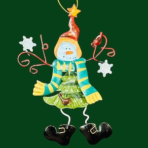 6” Hand Painted Metal Snowman Ornament - Birds, Hat, Poinsetta, Stars - Select Your Favorite Today