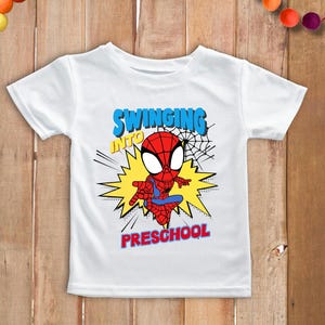 Superhero Spider Kid Web Slinger Graphic Back to School Shirt | Swinging Into Preschool, Kindergarten, TK, 1st Grade | Toddler & Youth Sizes