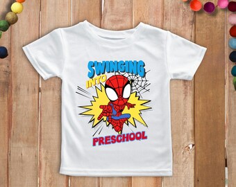 Superhero Spider Kid Web Slinger Graphic Back to School Shirt | Swinging Into Preschool, Kindergarten, TK, 1st Grade | Toddler & Youth Sizes