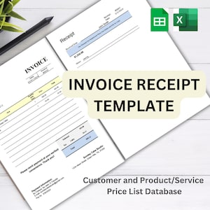 May include: An invoice and receipt template with the text "INVOICE RECEIPT TEMPLATE". The documents are white with blue and yellow highlighted sections. A black pen and a small potted plant are also visible.