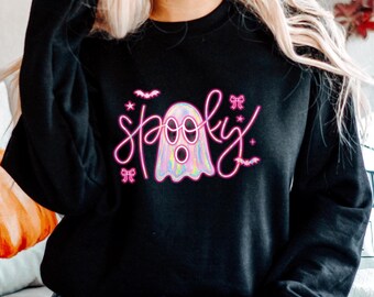 Halloween Spooky Ghost Sweatshirt, Neon Graphic Sweatshirt