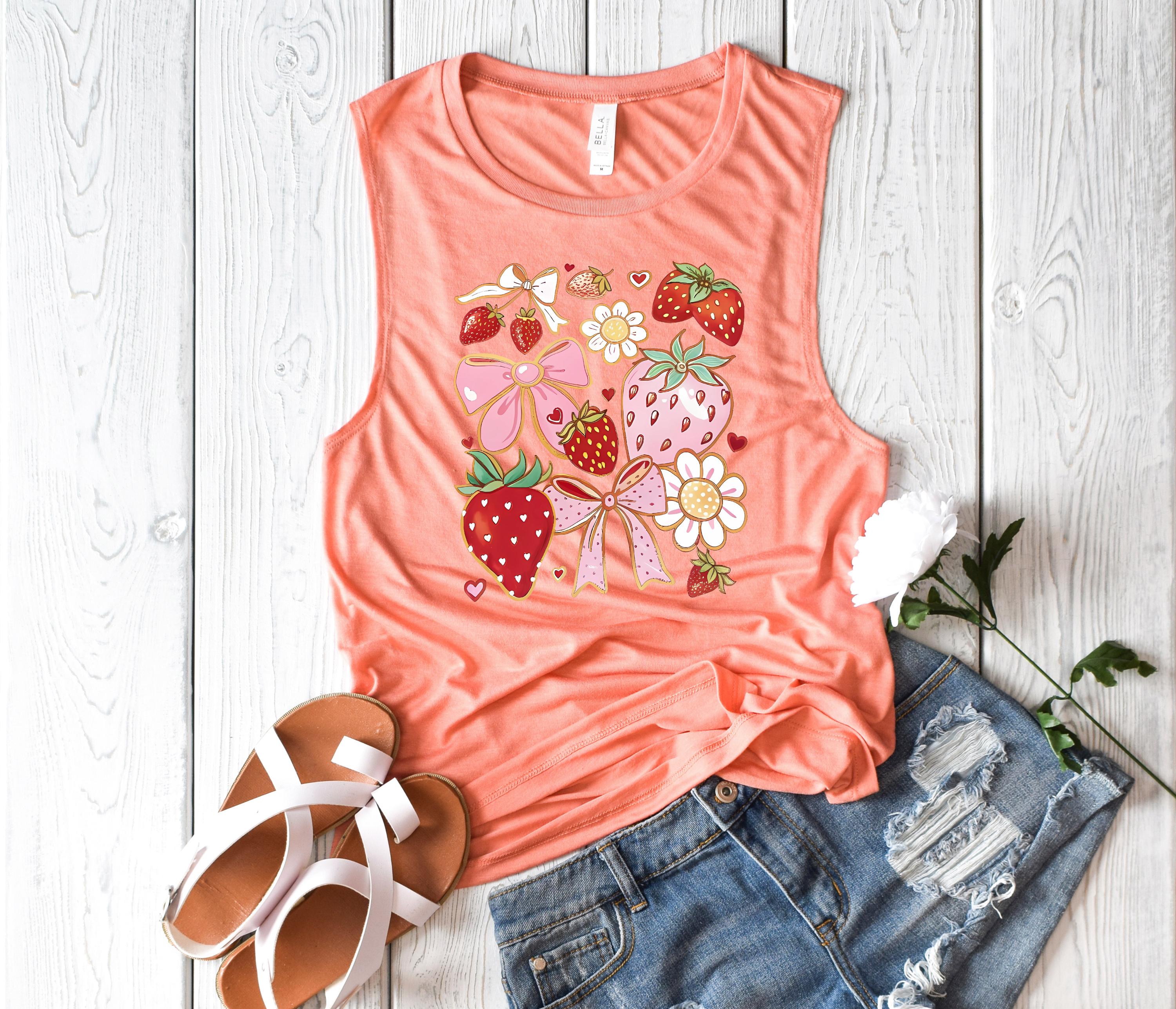Berry muscle tank top, strawberry Festival Women tank, flower and berry tank top, bow  women tank top,boho berry tank