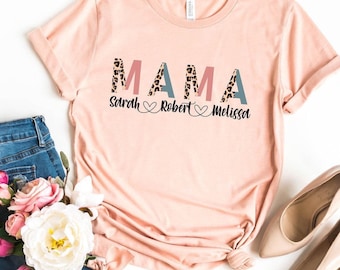 Personalized Leopard Print Mama Shirt with Kids Names