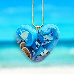 Fused Glass Heart Pendant Necklace: Blue Green Silver Art Glass