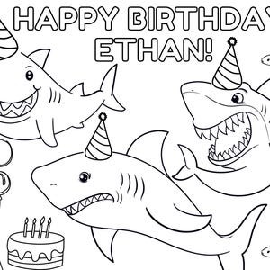 Personalized Shark Ocean Birthday Party Coloring Sheet Digital Download (Customizable)