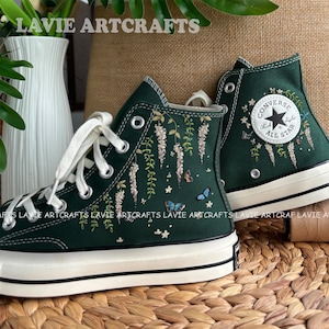 Wisteria Embroidered Converse, Butterfly Flower Embroidered Converse Shoes, Green Converse Embroidery, Embroidered Sneakers, Gift for Her